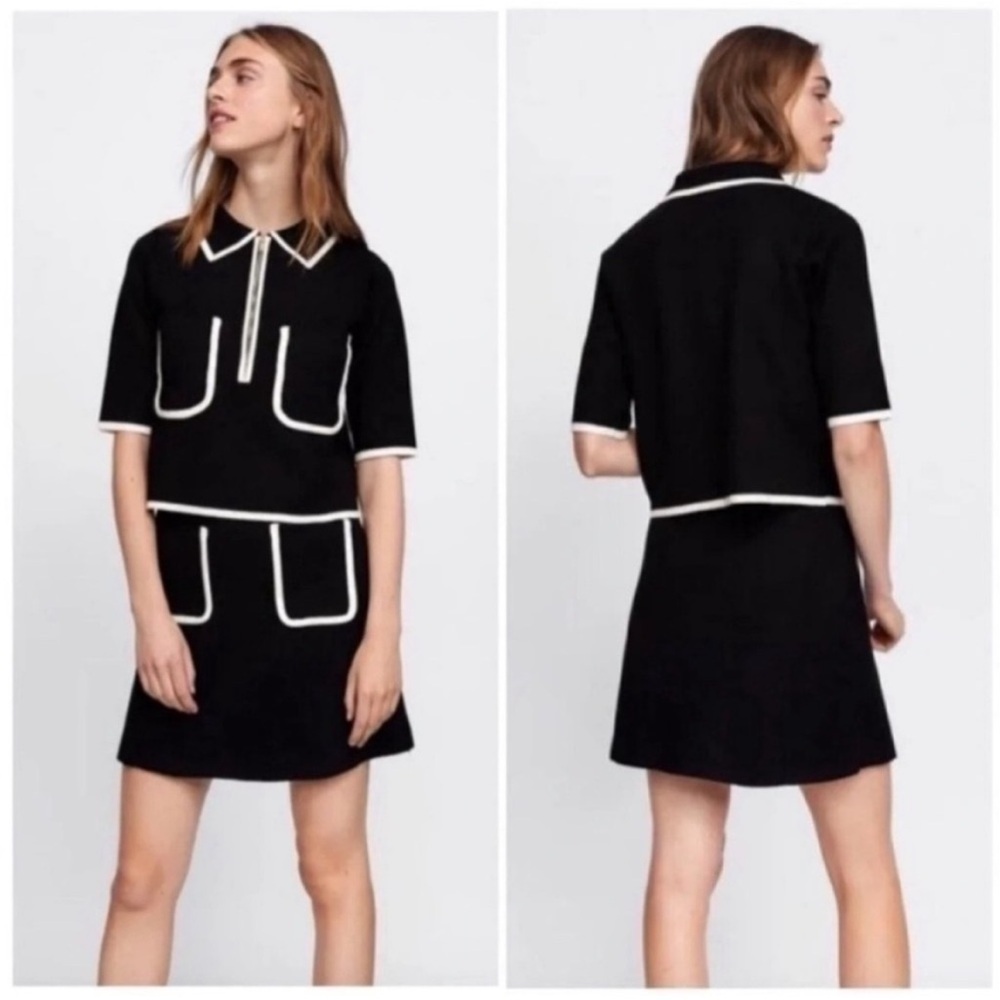 Zara Black & White Knit Skirt & Top Set Contrast Piping